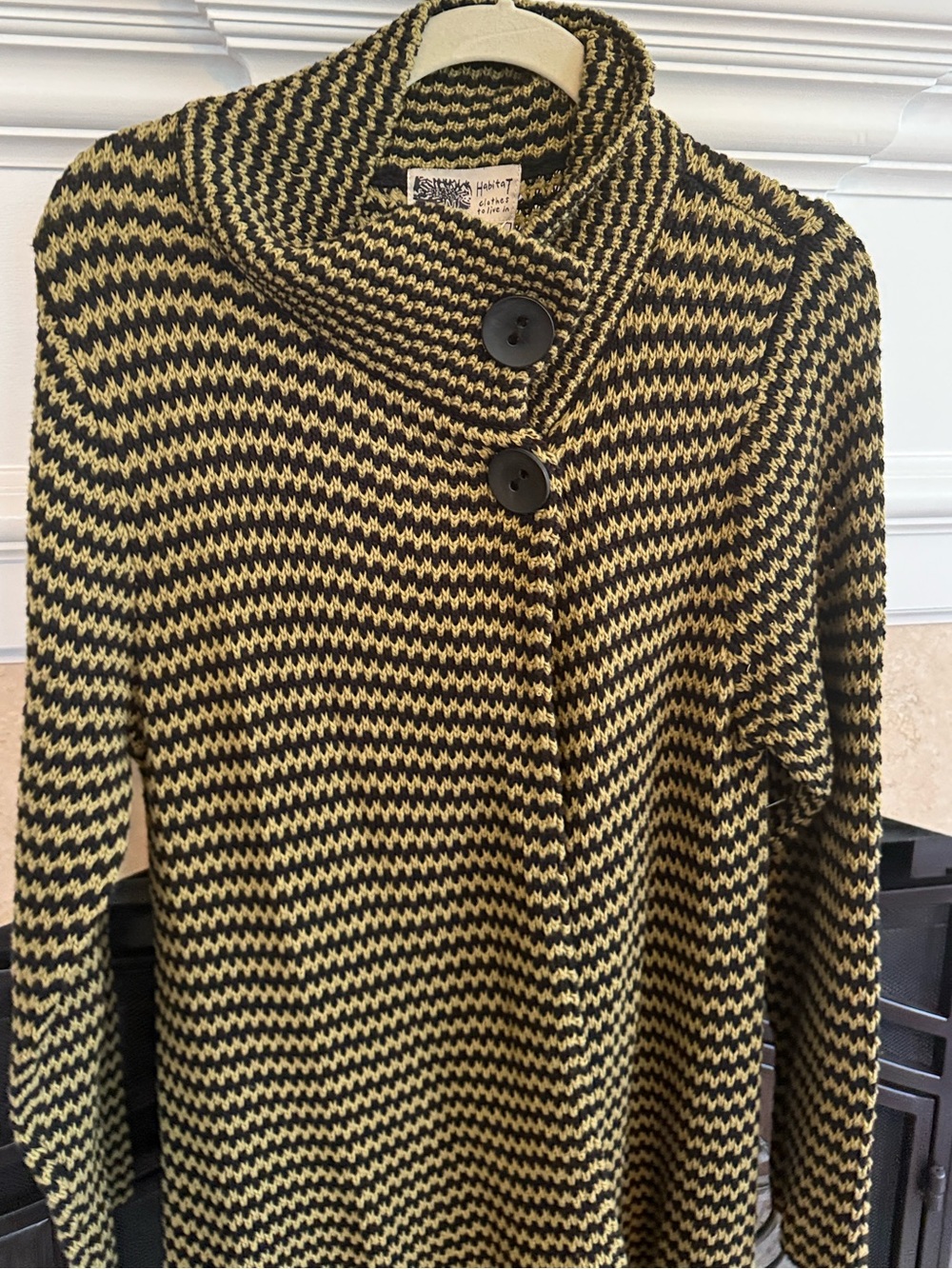Habitat Open Knit Cardigan Large Olive Black Striped Boho Layering Sweater NWT